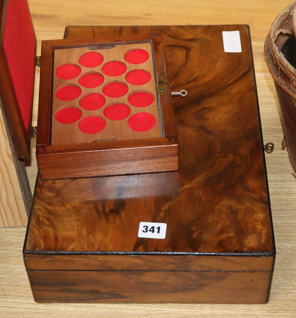 A walnut box fitted for display and a similar mahogany box